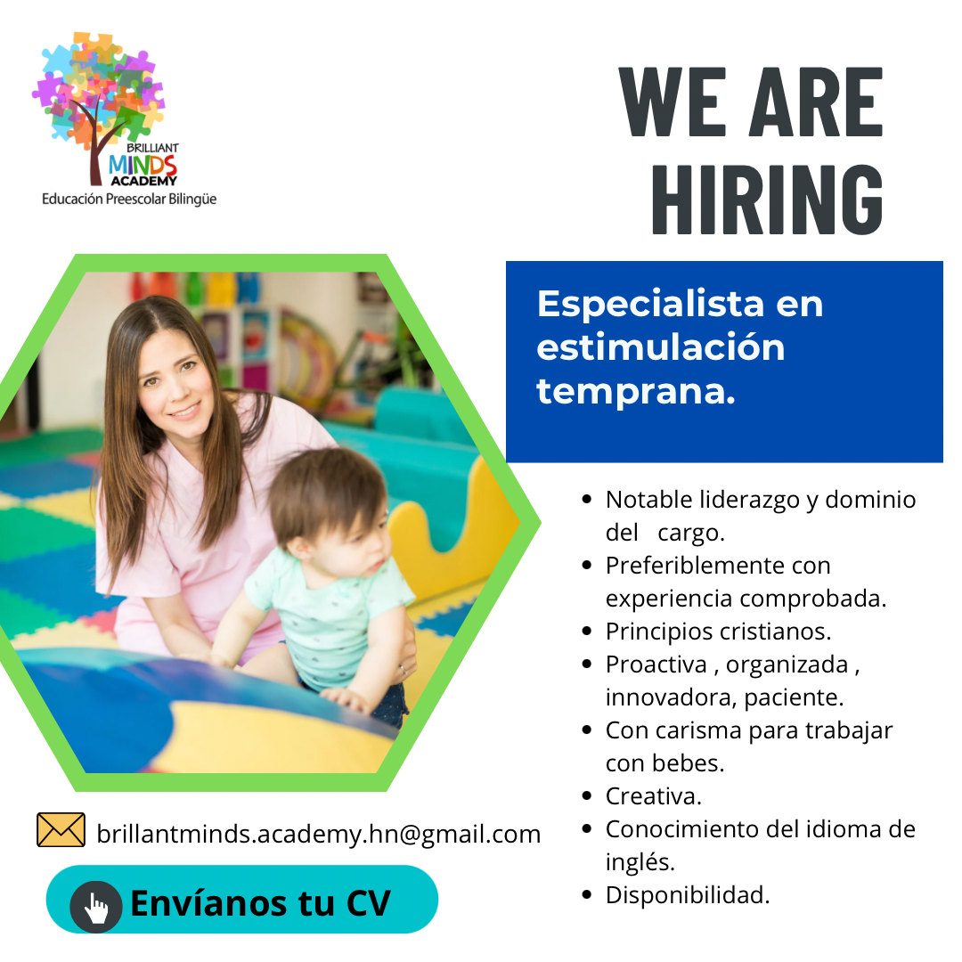 📢 ¡Estamos contratando! En Brilliant Minds Academy buscamos Especialista en Estimulación Temprana con vocación, amor por la niñez y compromiso con el desarrollo integral de los pequeños.  Requisitos: ✔️ Formación en Estimulación Temprana, Educación Inicial o áreas afines ✔️ Experiencia con niños de 0 a 5 años ✔️ Creatividad, paciencia y responsabilidad ✔️ Trabajo en equipo y buena comunicación  📍 Ubicación: El Chimbo, Santa Lucía 📩 Interesadas enviar CV al correo. 